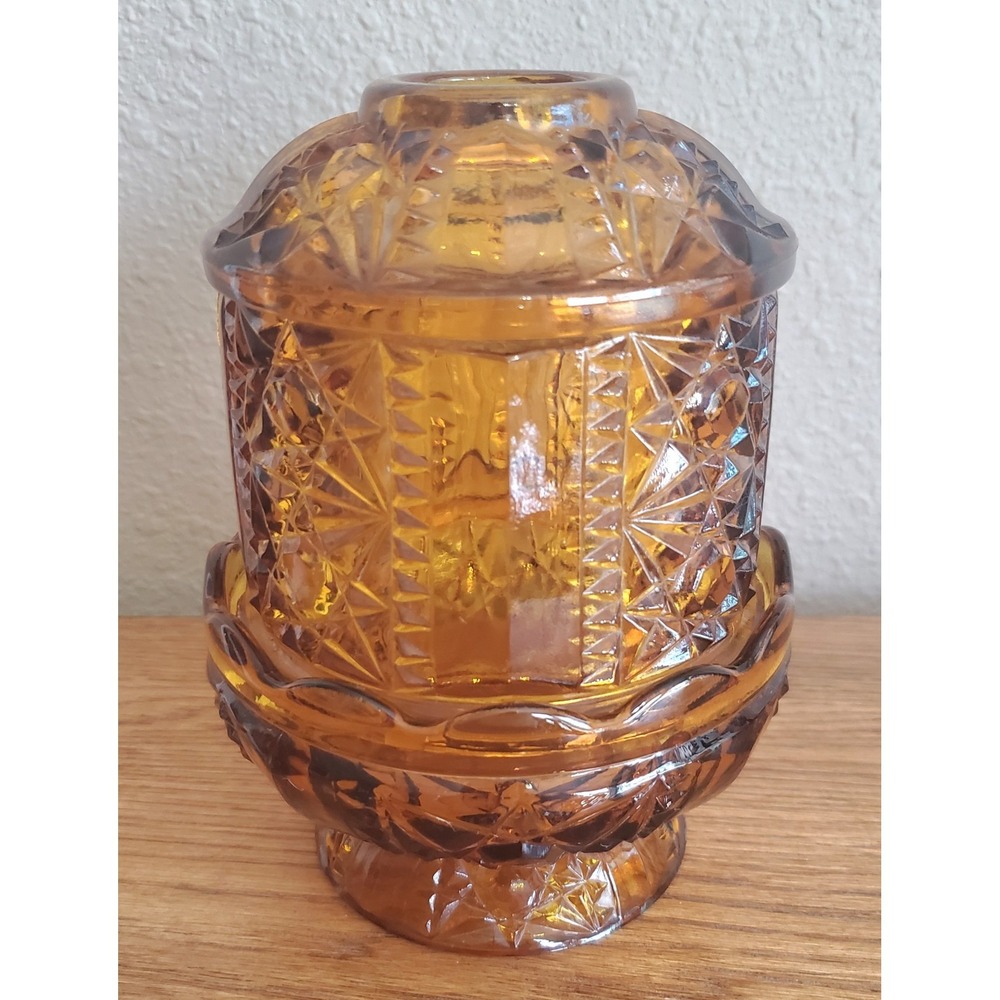 Vintage Indiana Glass Fairy Lamp Amber Stars & Bars 6 1/2" READ